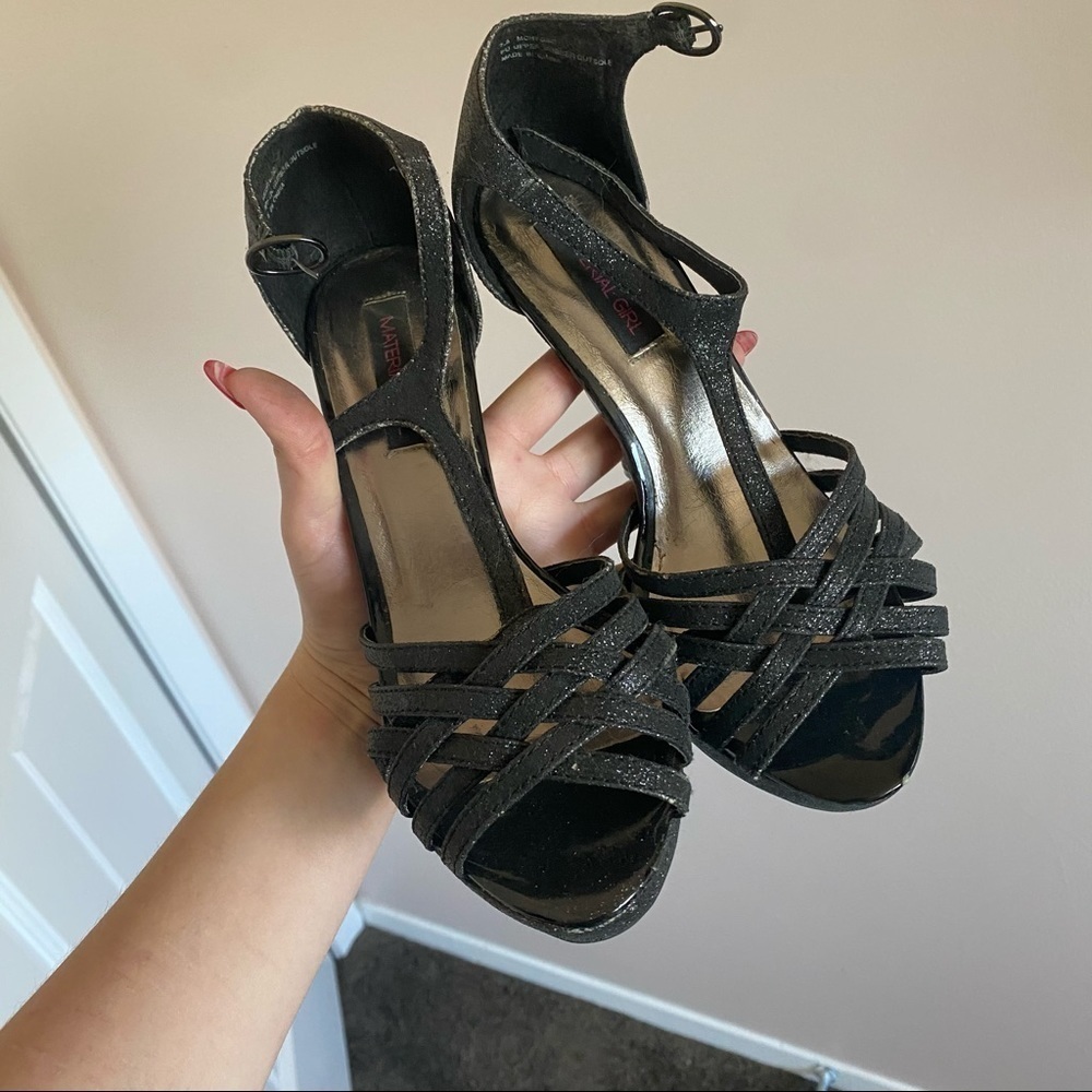Material Girl Black Sparkle Heels Size 7.5 | Strappy High Heel Party Shoes